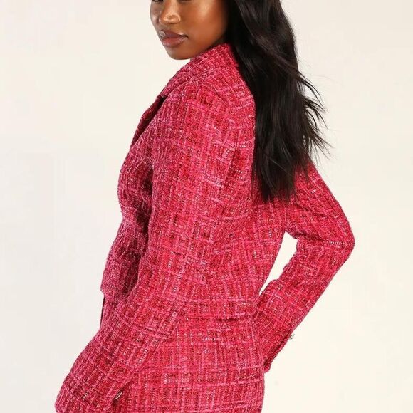 Lulu’s Preppy Perfection Pink Boucle Rhinestone Button Skirt - Picture 2 of 5